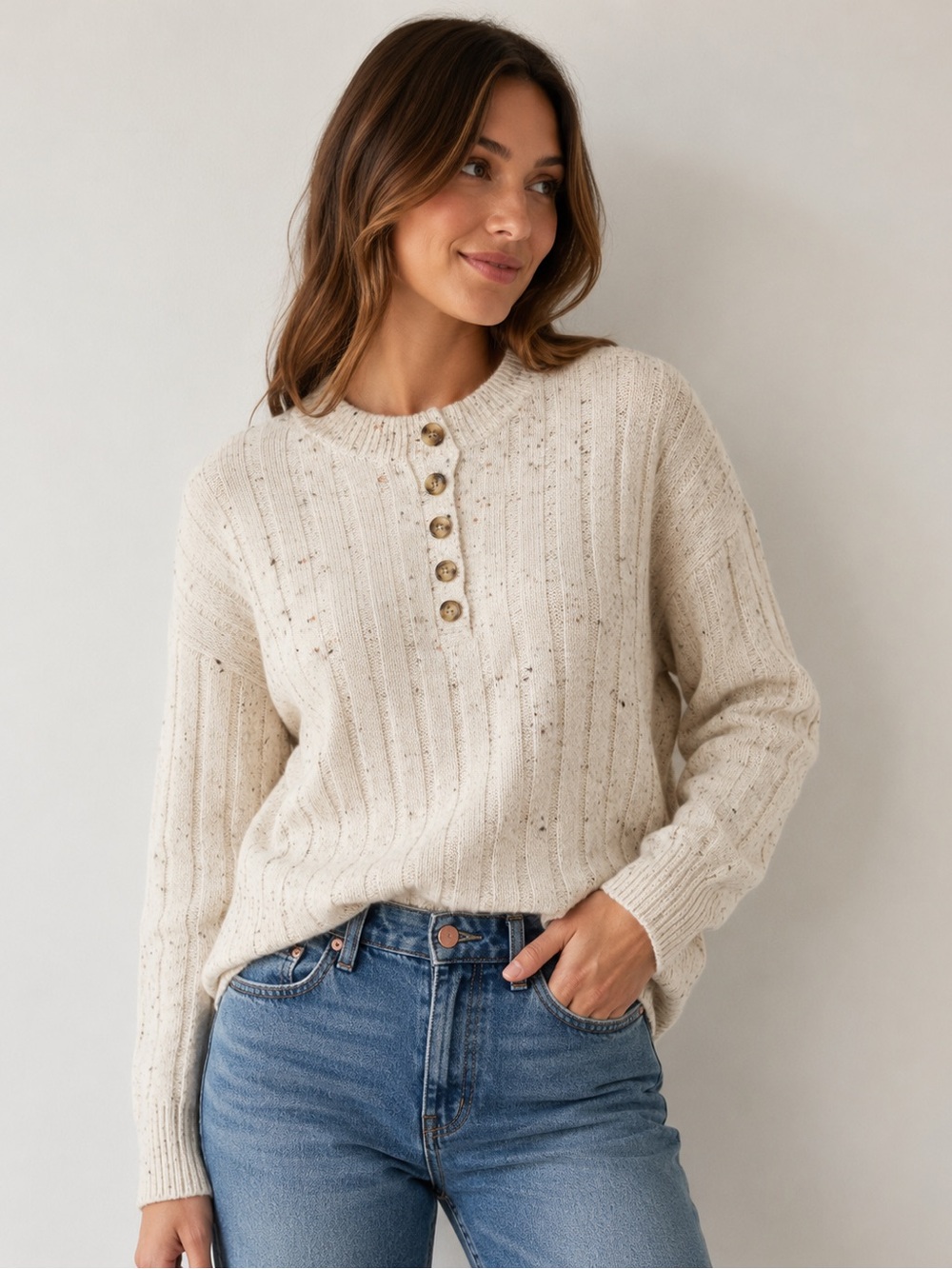 Madewell Donegal Henley Sweater Women S Ivory Speckled Wool Blend Ribbed Knit